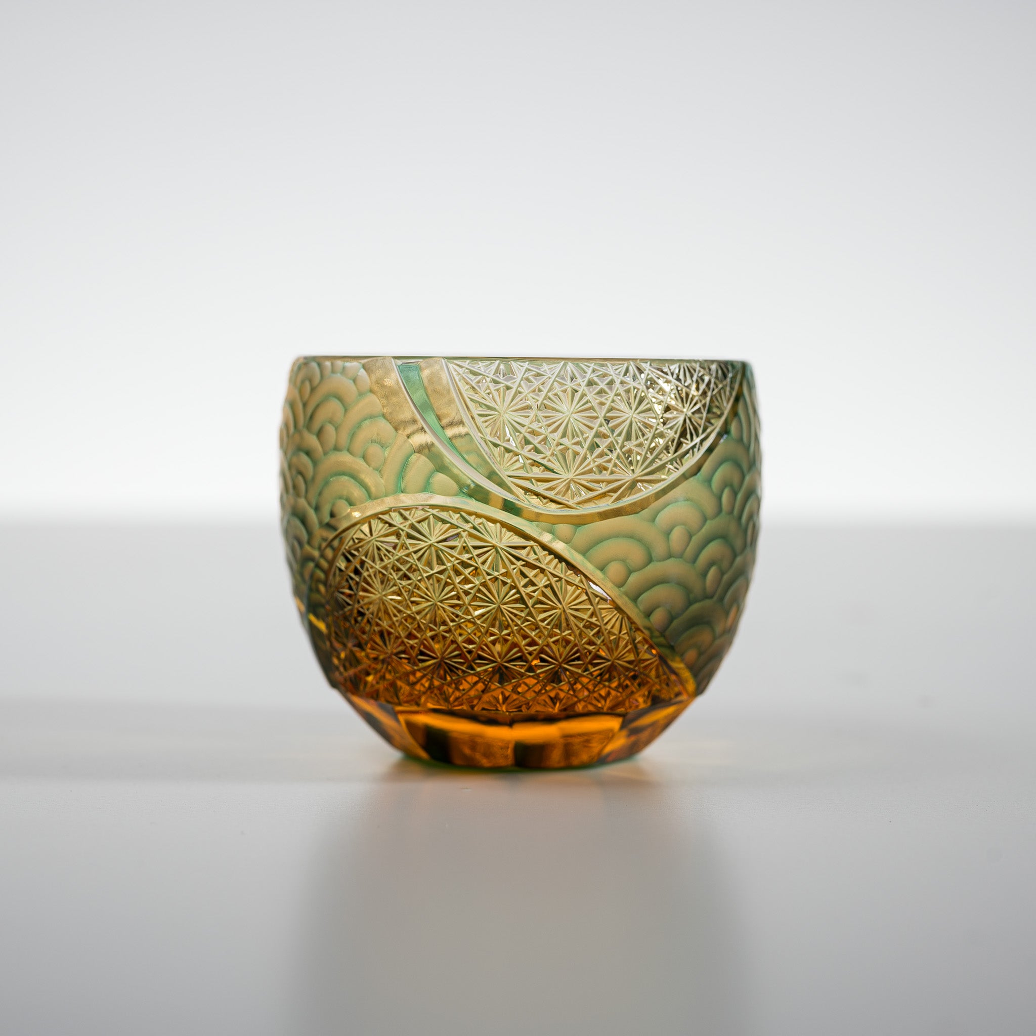 Yamada Glass Crystal Sake Cups - Handcrafted Wave Design Amber Green Japanese Drinking Glasses for Sake, Whiskey & Cocktails - Perfect for Home Bar, Dinner Parties & Gift Giving
