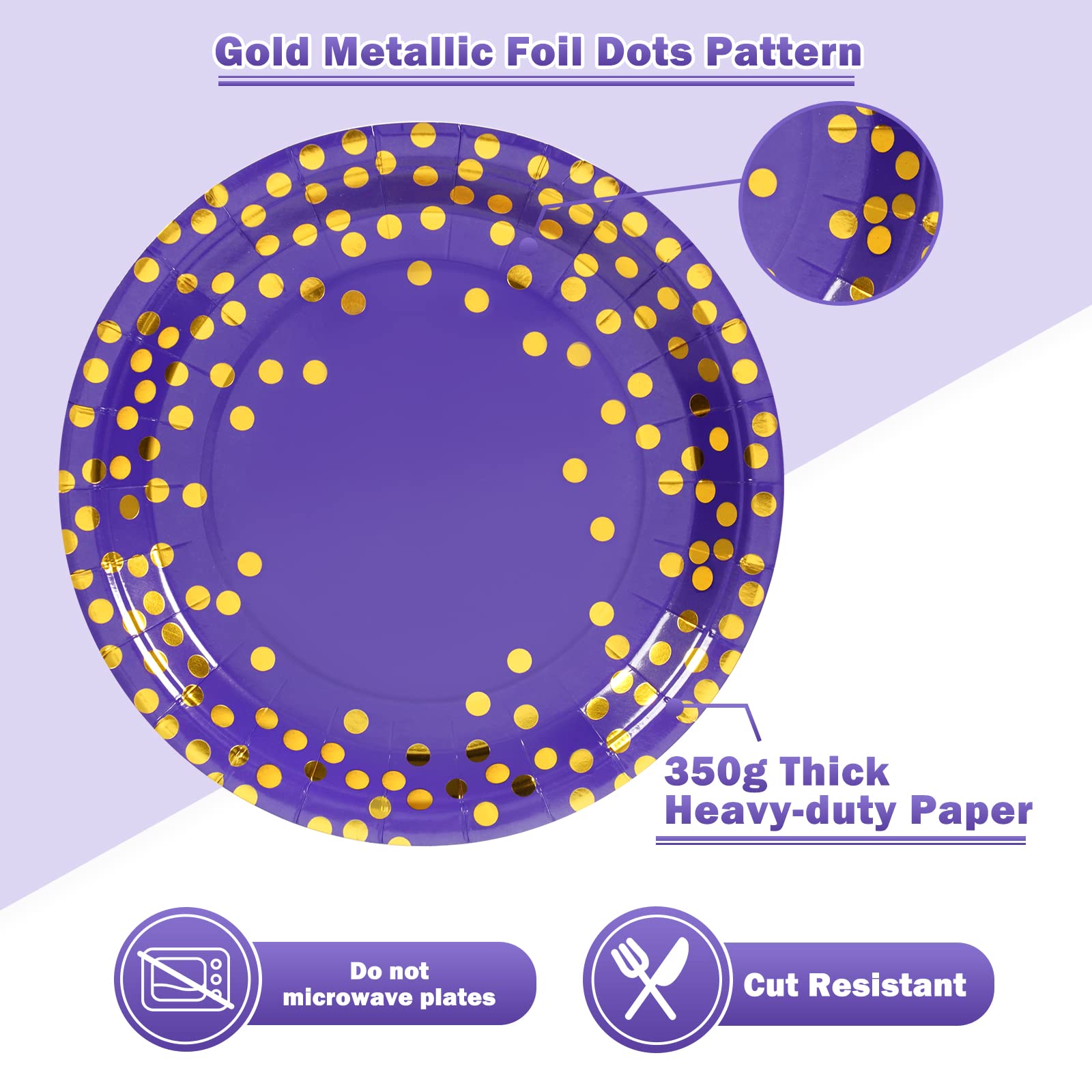 Purple and Gold Paper Plates - 100 Pack (50 x 7