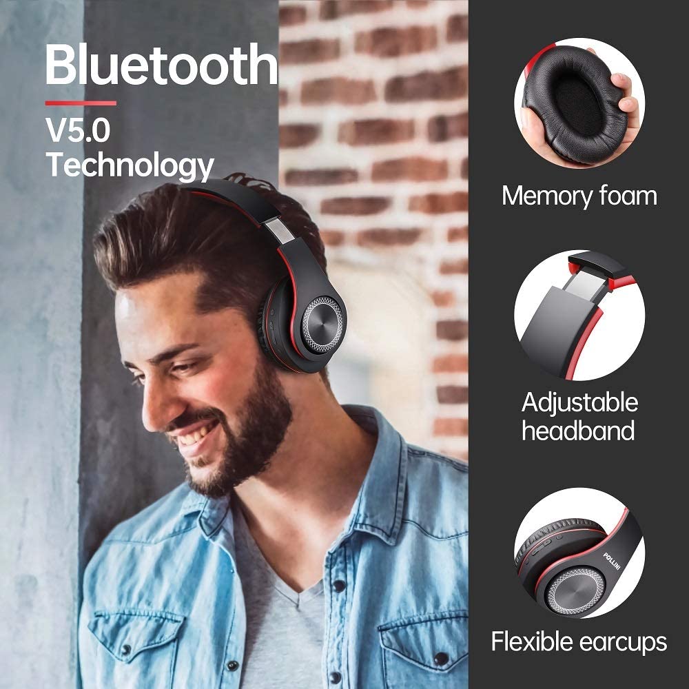 Pollini 40H Wireless Bluetooth Headphones - 40H Playtime, Foldable Over-Ear Headset with Mic, Deep Bass Stereo & Memory-Protein Earmuffs for Phone/PC (Red) | Perfect for Travel, Workouts & Home Office Use