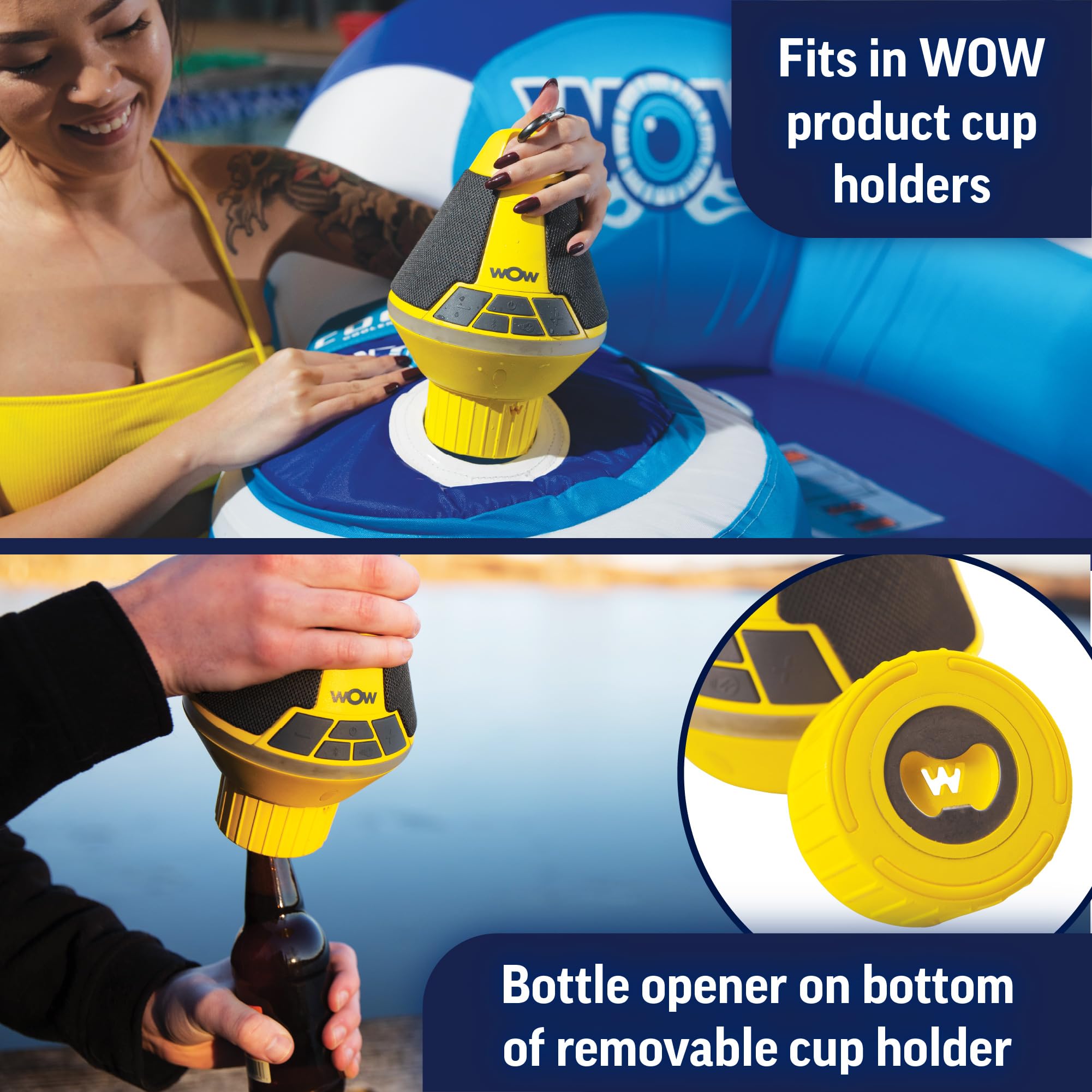 WOW Sports World of Watersports Floating Bluetooth Speaker with LED Lights & Cup Holder - Waterproof Wireless Speaker for Pool, Boat & Beach Parties (Yellow, Model 19-9000)