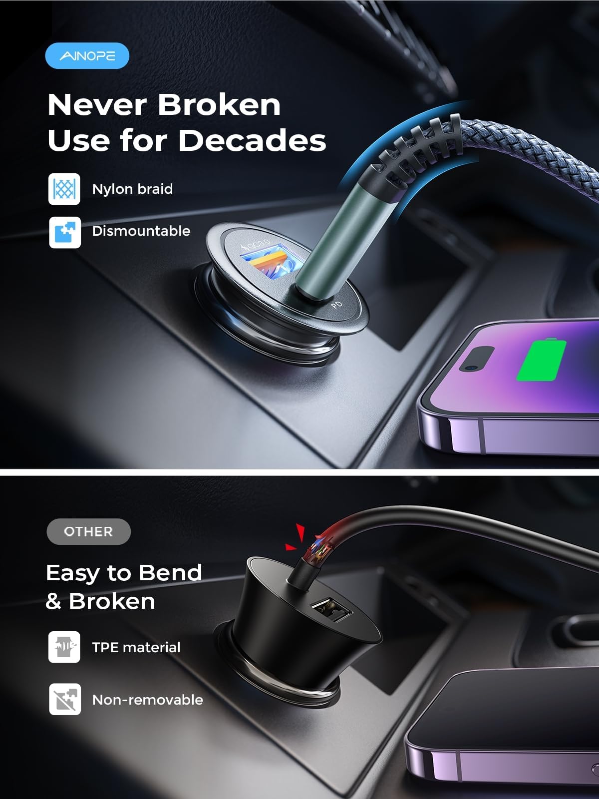 AINOPE MFi Certified 67.5W Fast Car Charger for iPhone 16/15/14/13/12 Pro Max - Dual USB C & A Ports Mini Cigarette Lighter Adapter - Perfect for Road Trips & Daily Commuting (Black)