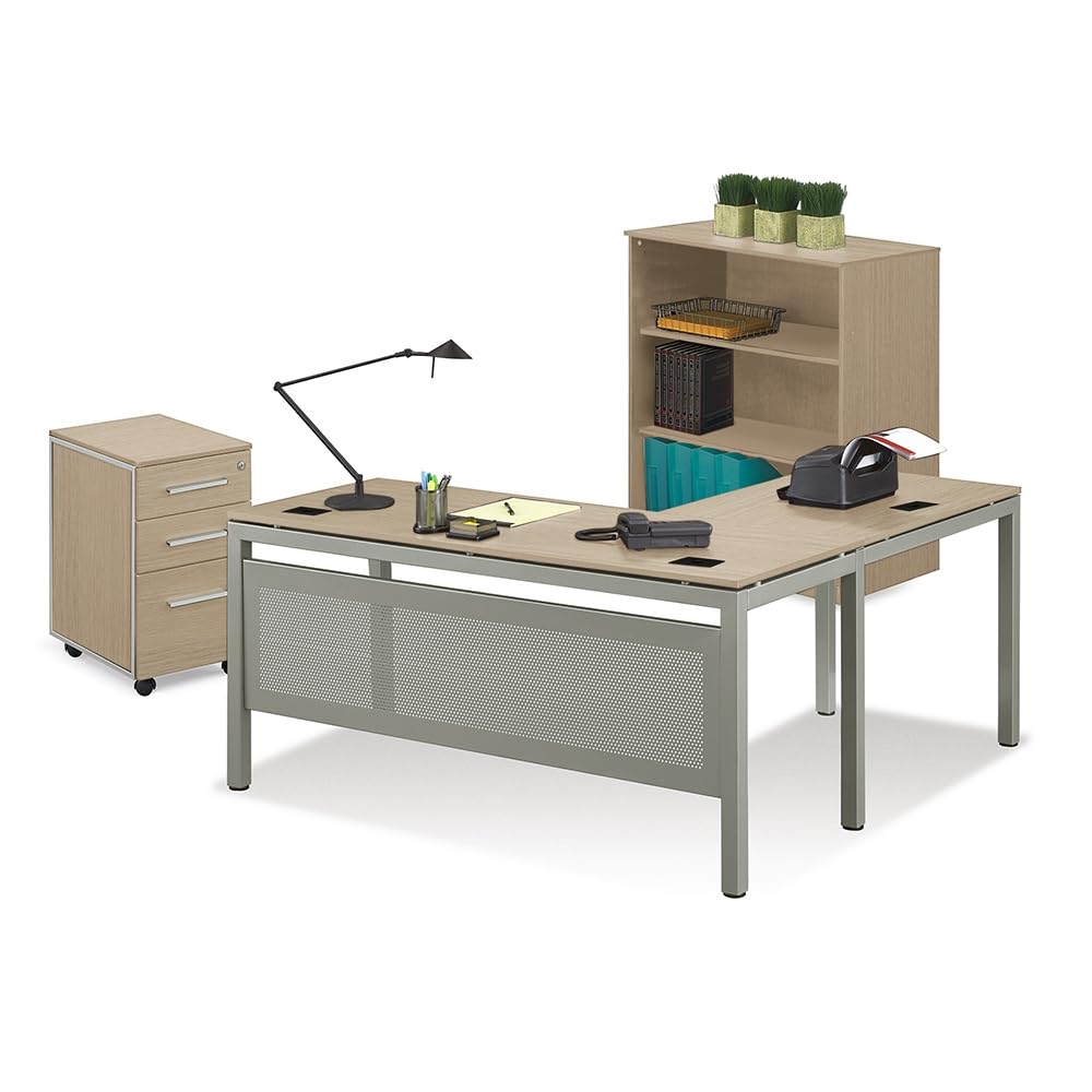 Modern L-Shaped Office Desk with Mobile Pedestal & Bookcase - Warm Ash Laminate, Brushed Nickel Handles - Space-Saving Workstation for Home Office, Gaming Setup or Small Business Workspace