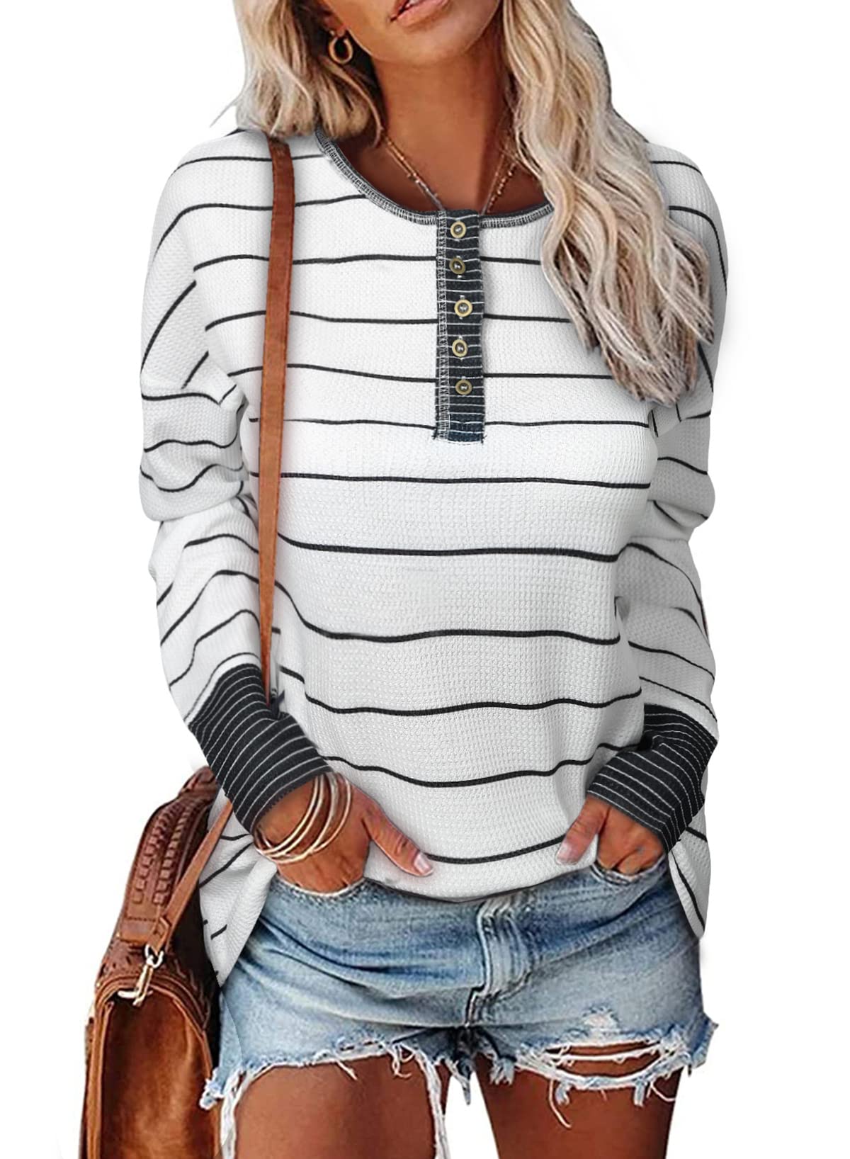 EVALESS Women's Long Sleeve Button Up Tunic Shirt - Cute Waffle Knit Striped Casual Top for Fall & Winter | Perfect for Office, Date Night & Layering Outfits
