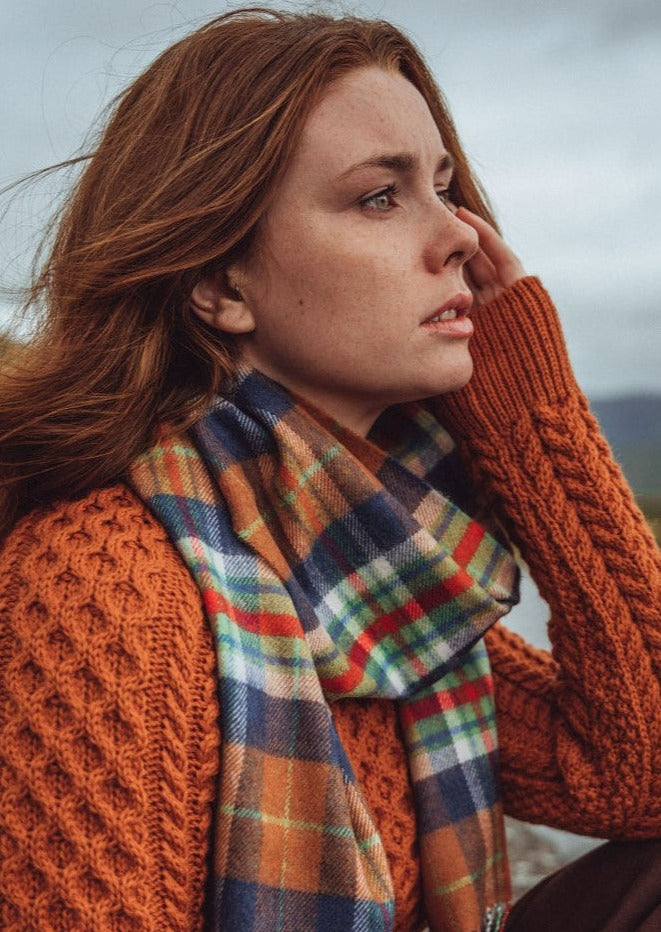 John Hanly Merino Wool Scarf - Soft & Warm Orange Navy Check Plaid Wrap - Perfect for Winter, Travel & Outdoor Activities