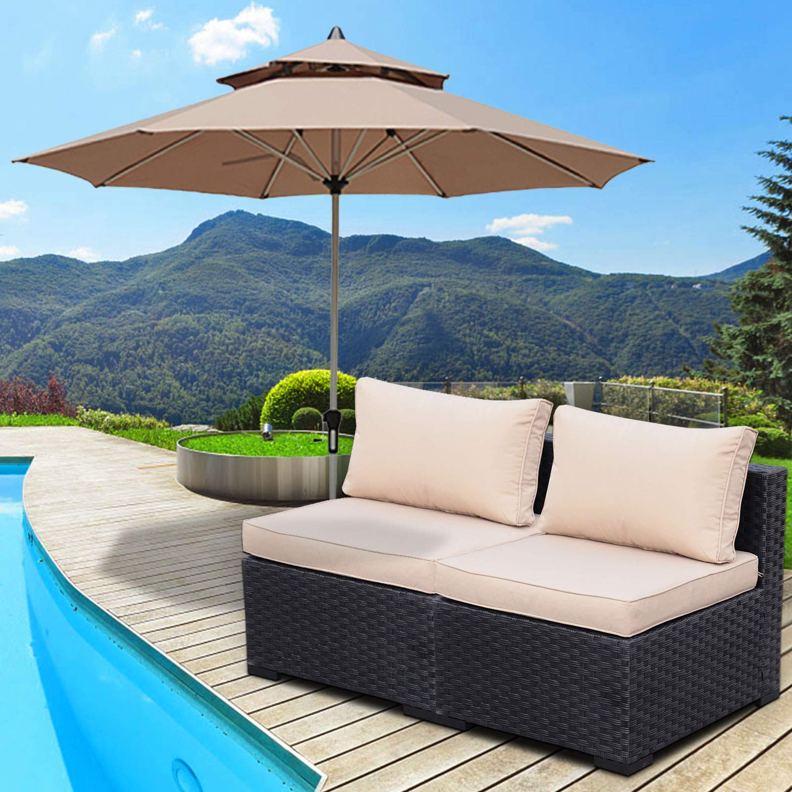 2-Piece Outdoor Sectional Patio Furniture Set - PE Black Wicker Rattan Loveseat & Armless Sofa with Khaki Cushions - Perfect for Garden, Poolside & Backyard Relaxation