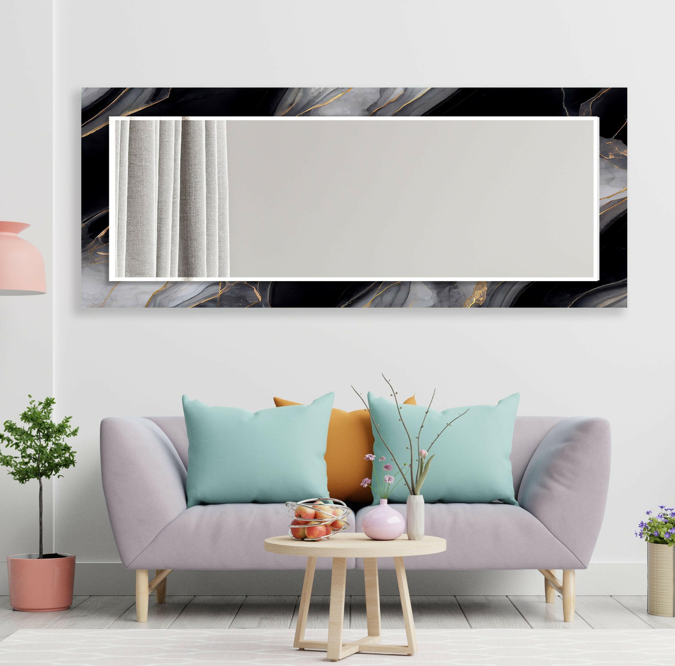 Stylish Black and Gray Marble Wall Mirror - Modern Home Decor for Living Room, Bedroom & Bathroom | Elegant Full-Length Mirror with Durable Frame for Vanity, Entryway & Dressing Area