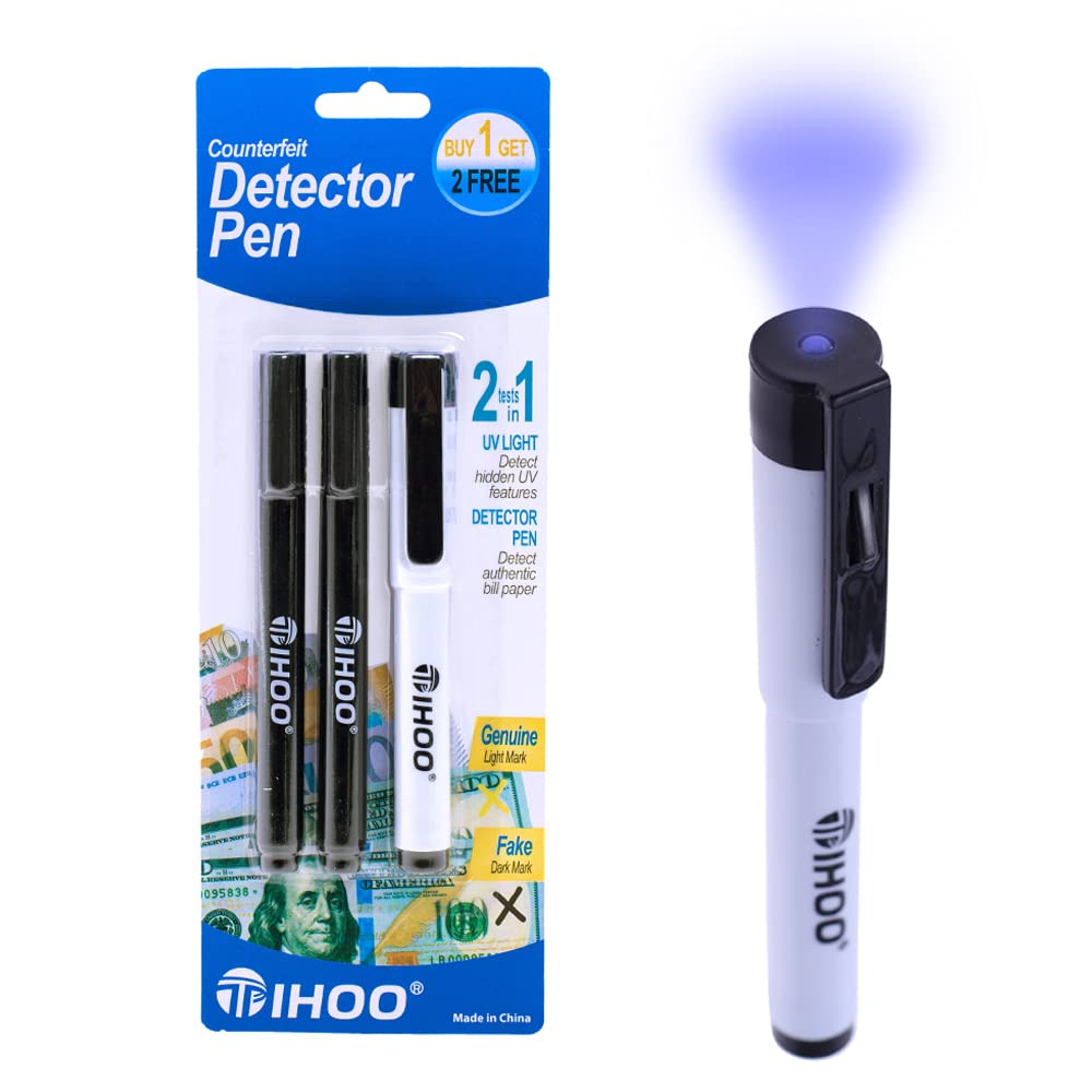 TIHOO UV Money Detector Pen - 3 Pack Counterfeit Bill Checker with UV Light for Cashiers, Banks & Retail Stores - Detect Fake Currency Easily