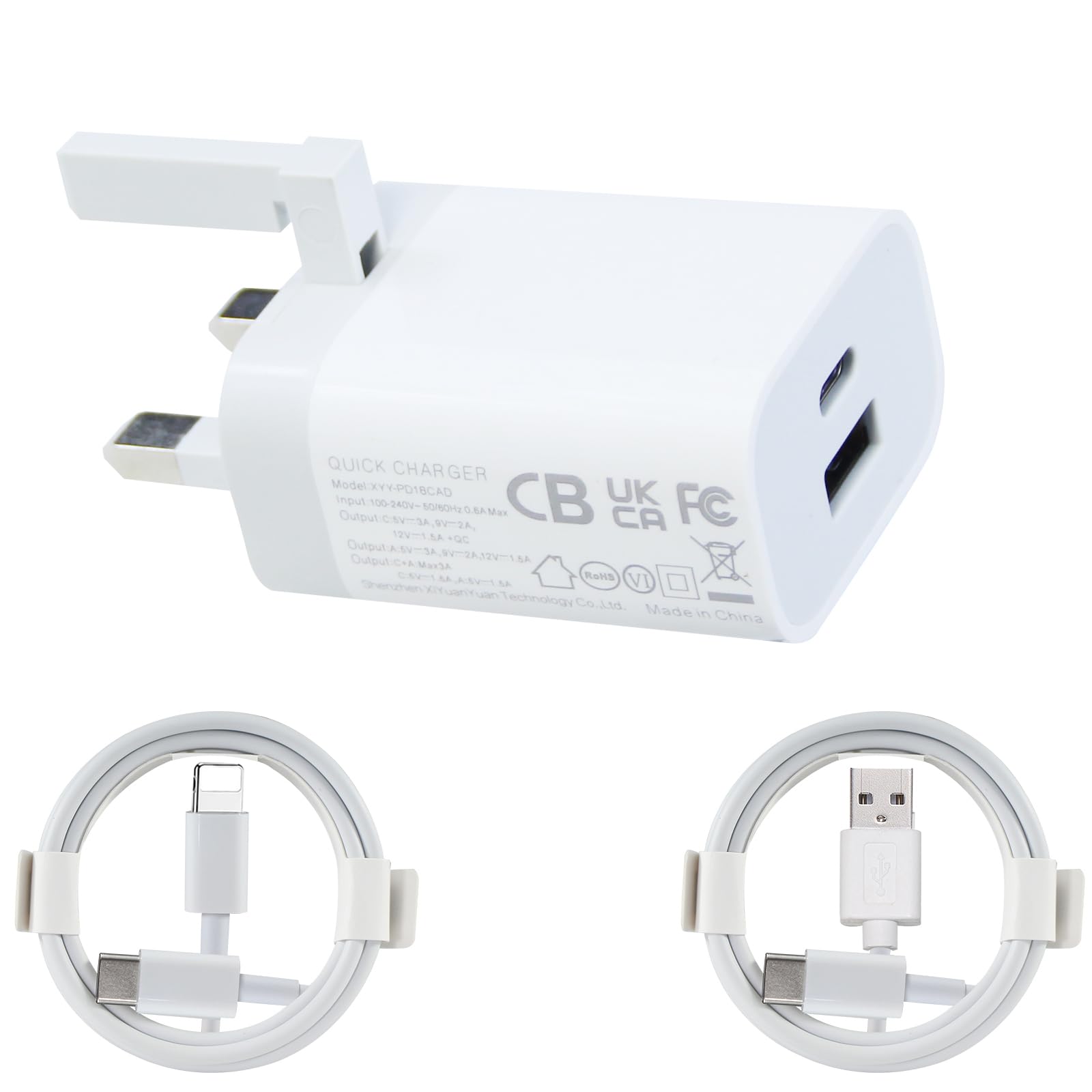 18W USB C Fast Charger with PD & QC 3.0 - Dual Port UK Wall Adapter & USB Cable - Compatible with iPhone, Samsung, iPad, Smartwatch - Perfect for Home, Office & Travel Charging