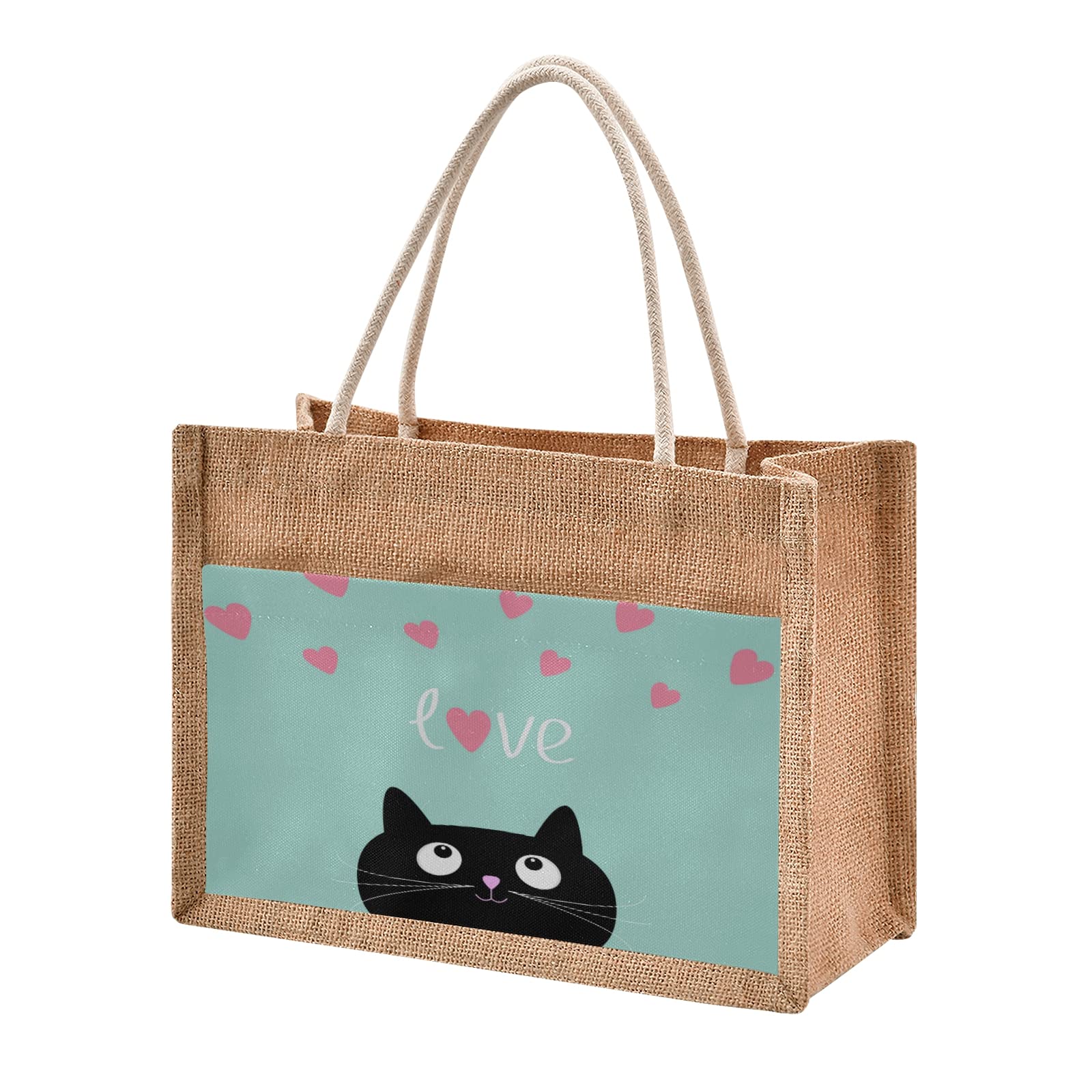 ALAZA Cat Heart Jute Tote Bag - Reusable Grocery & Beach Bag for Pet Lovers