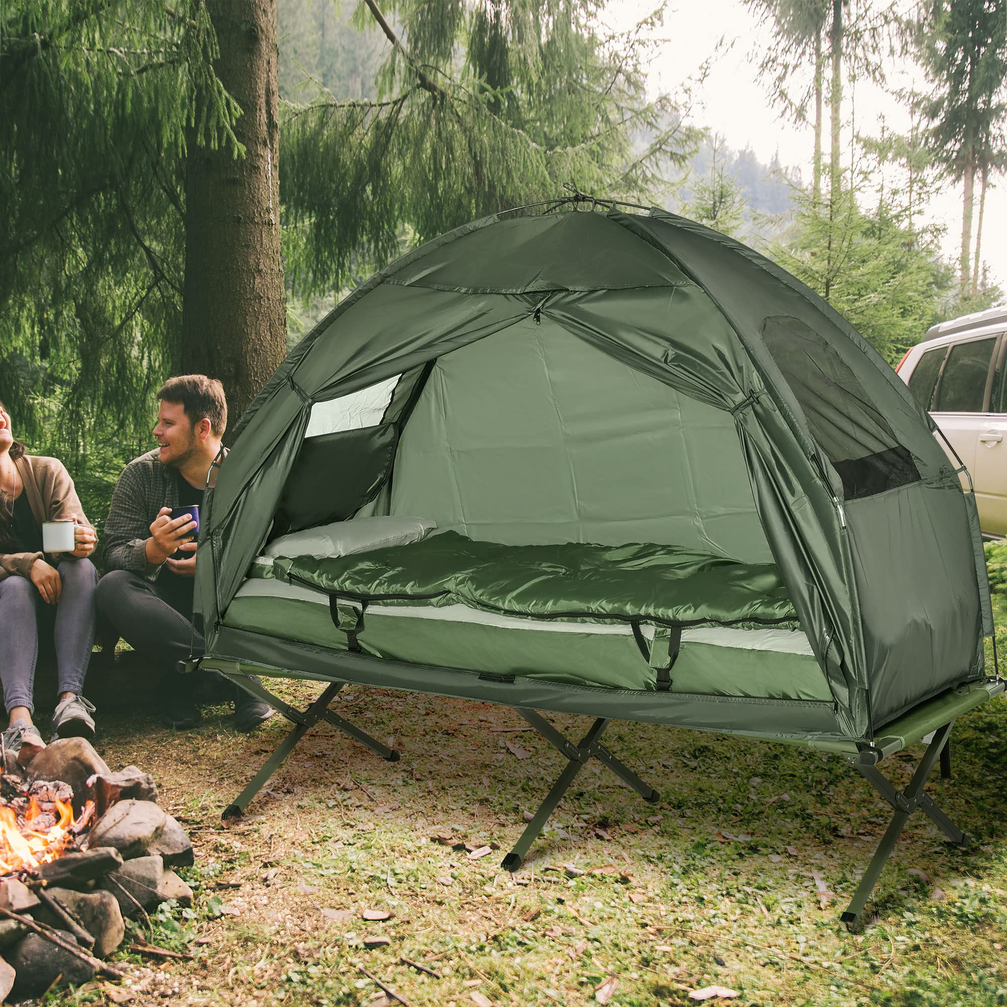 Outsunny Folding Camping Cot for Adults - Portable Single Sleeping Bed with Thick Air Mattress & Tent - Perfect for Backpacking, Hiking, and Outdoor Adventures