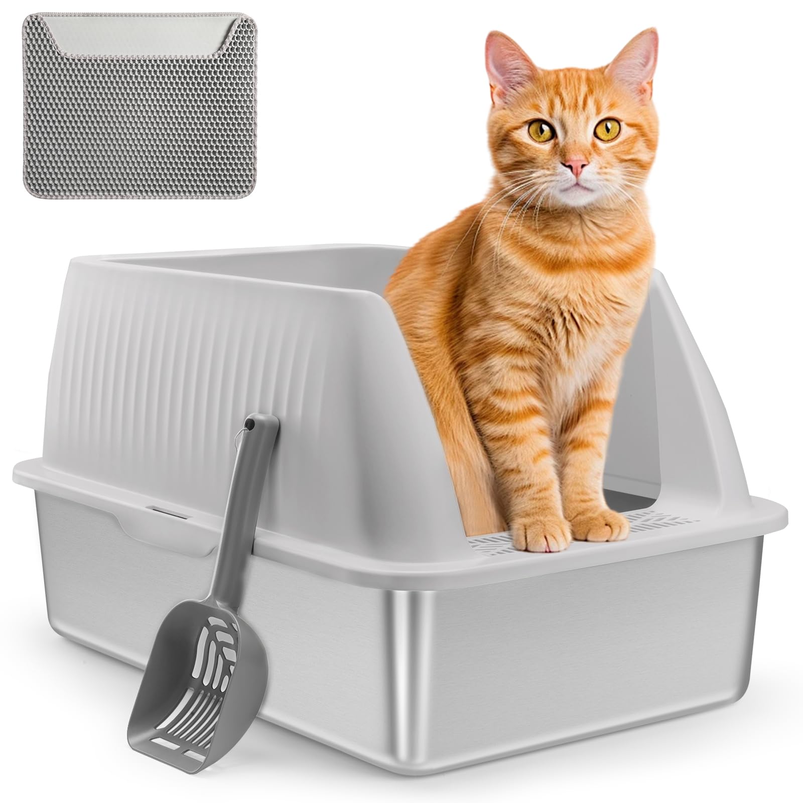 XXL Enclosed Stainless Steel Cat Litter Box for Large Cats - High Sides, Easy Clean, Non-Stick & Leak Proof Design with Odor Control - Includes Litter Scoop & Mat (Light Grey) - Perfect for Homes with Multiple Cats or Small Spaces