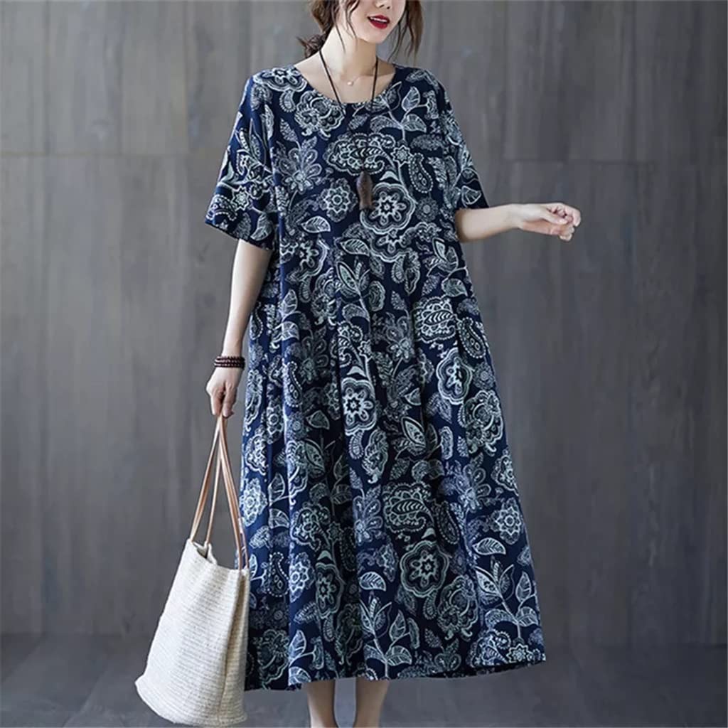 Women's Vintage Floral Print Cotton Linen Short Sleeve Loose Summer Dress - Casual Long Dress for Beach, Vacation & Everyday Wear (One Size, Color A)