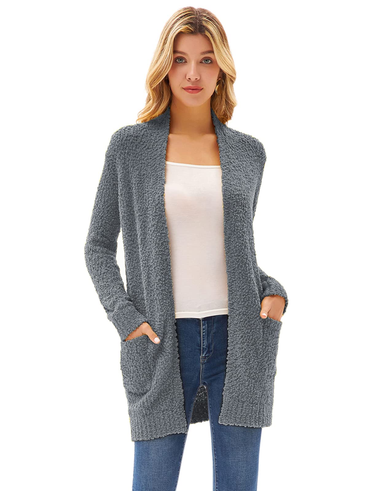 GRACE KARIN Women's Long Fuzzy Cardigan Sweater - Open Front Chunky Knit Sweater Coat with Pockets | Cozy Fall Winter Layering Piece for Home, Office & Casual Outings