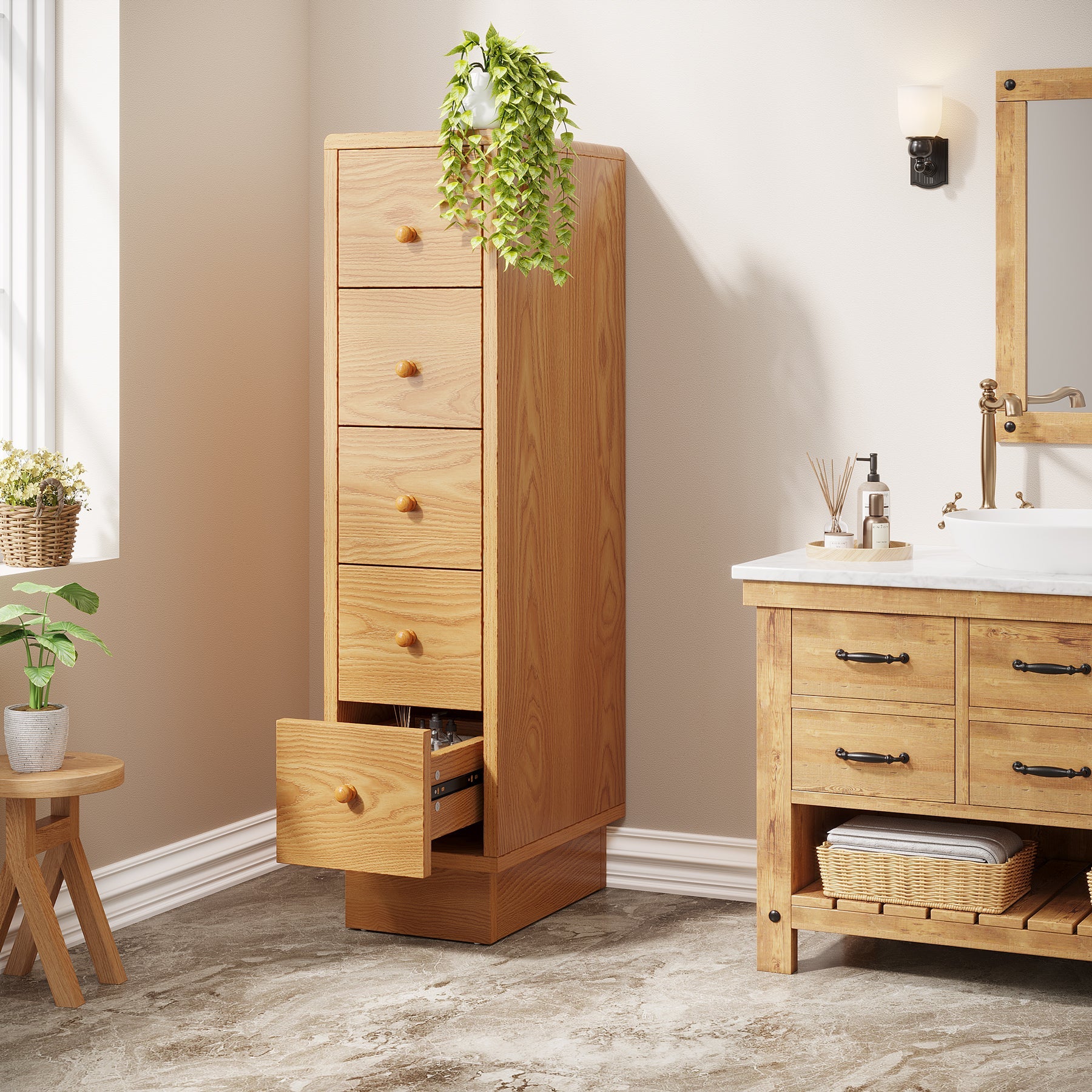 5 Drawer Wooden Chest - Narrow Dresser with Storage Drawers for Bedroom, Living Room & Office Organization