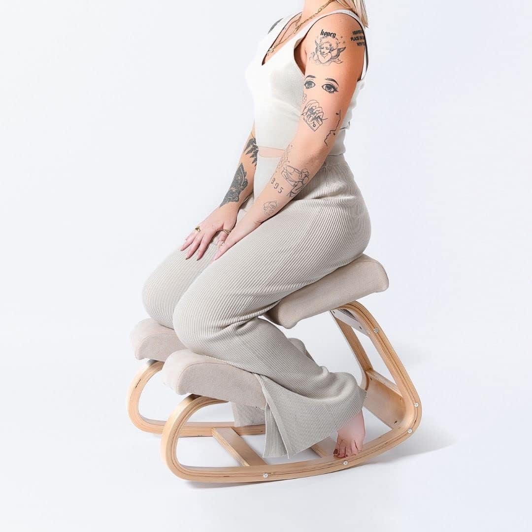 Sleekform Ergonomic Kneeling Chair with Comfortable White Cushions - Adjustable Wooden Rocking Stool for Home Office, Meditation & Active Sitting - Improves Posture for Work & Study