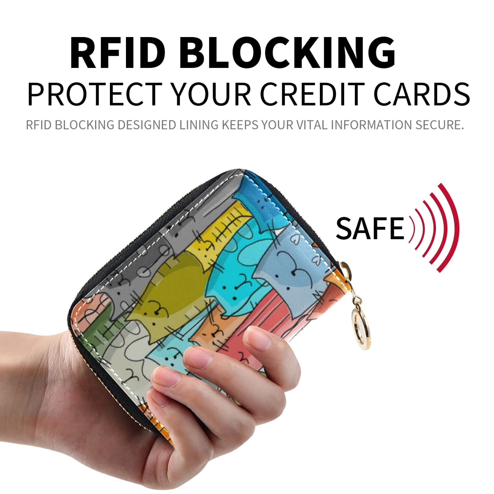 RFID Blocking Women's Leather Card Holder Wallet - Compact Zipper Purse for Credit Cards, Coins & Keys | Stylish Grey Cat Design | Perfect for Everyday Use, Travel & Gift Giving