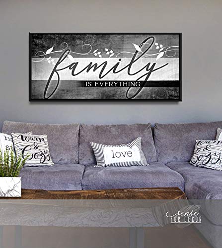Family Is Everything Sign - Framed Wall Art with Floating Frame, Large Canvas Home Decor for Farmhouse, Living Room, Housewarming Gift (Grey & Black, 42x19 Inches) | Perfect for Family Rooms, Entryways & Cozy Home Decor