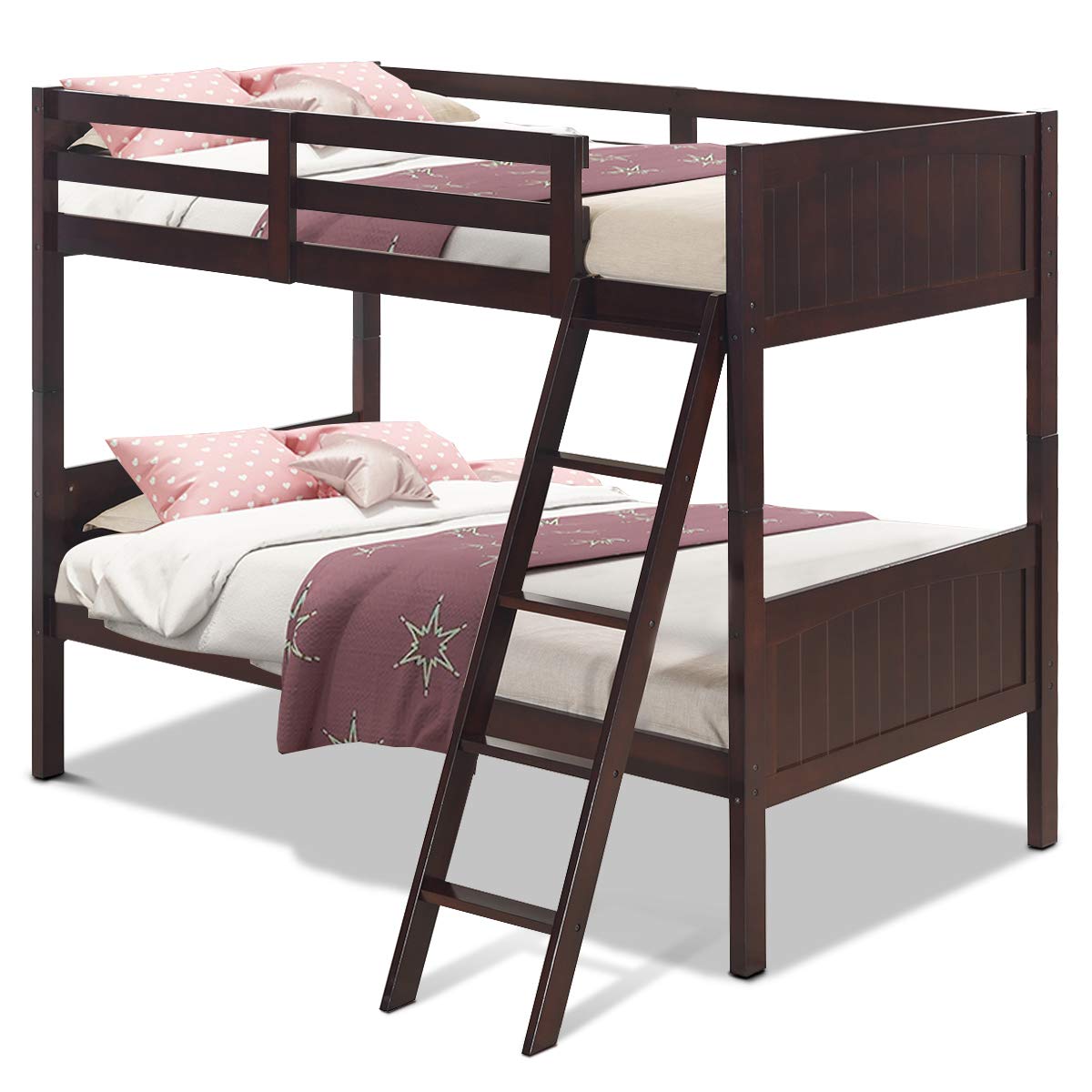 Costzon Solid Rubberwood Twin Over Twin Bunk Bed for Kids - Convertible to 2 Individual Twin Beds with Ladder & Safety Rail - Espresso Finish - Perfect for Kids' Bedrooms, Sleepovers & Space-Saving Solutions