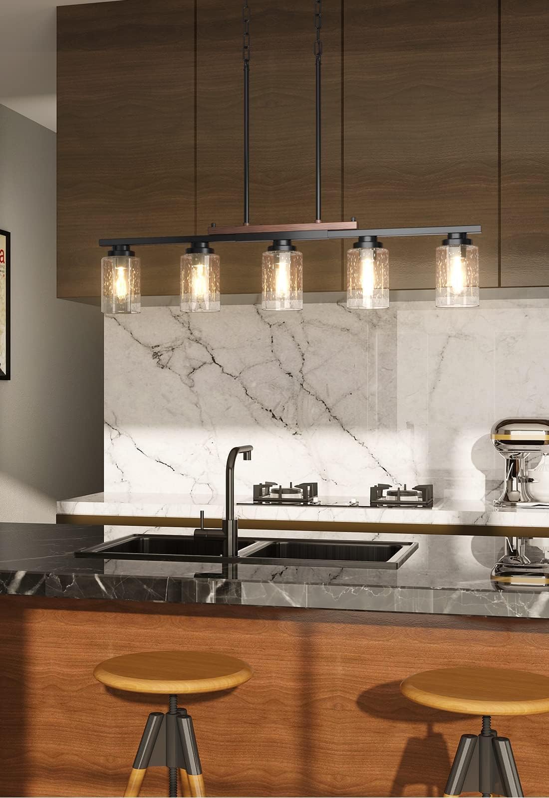 Amico 5-Light Adjustable Farmhouse Chandelier - Black Metal & Wood Kitchen Island Lighting with Seeded Glass Shades | Perfect for Dining Room, Kitchen Island, and Farmhouse Decor