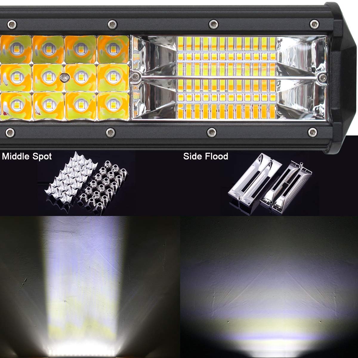 AUXTINGS 12 Inch 180W LED Strobe Light Bar - White & Amber Flash, Triple Row 5500LM Flood Spot Combo - Waterproof Off-Road Lights for Trucks, ATVs, UTVs, Emergency Vehicles & Construction Equipment