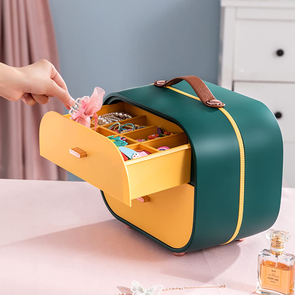 WAYUTO 3-Tier Drawer Storage Organizer with Handle - Portable Desktop Organizer for Cosmetics, Jewelry, Office & School Supplies - Green Makeup Container for Girls (Perfect for Bedroom, Bathroom & Dorm Organization)