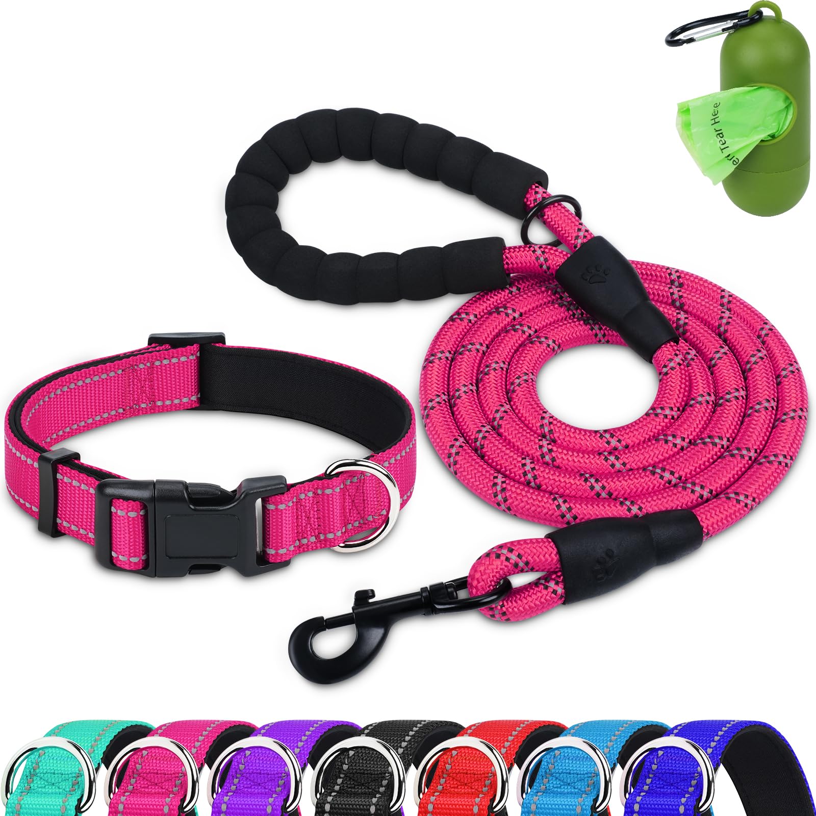 Dynmeow Reflective Dog Collar and Leash Set - 6FT Strong Climbing Rope Leash with Padded Handle, Adjustable Pet Collar with Soft Neoprene Padding for Small & Medium Dogs - Hot Pink (Size S) - Perfect for Night Walks, Hiking & Outdoor Adventures