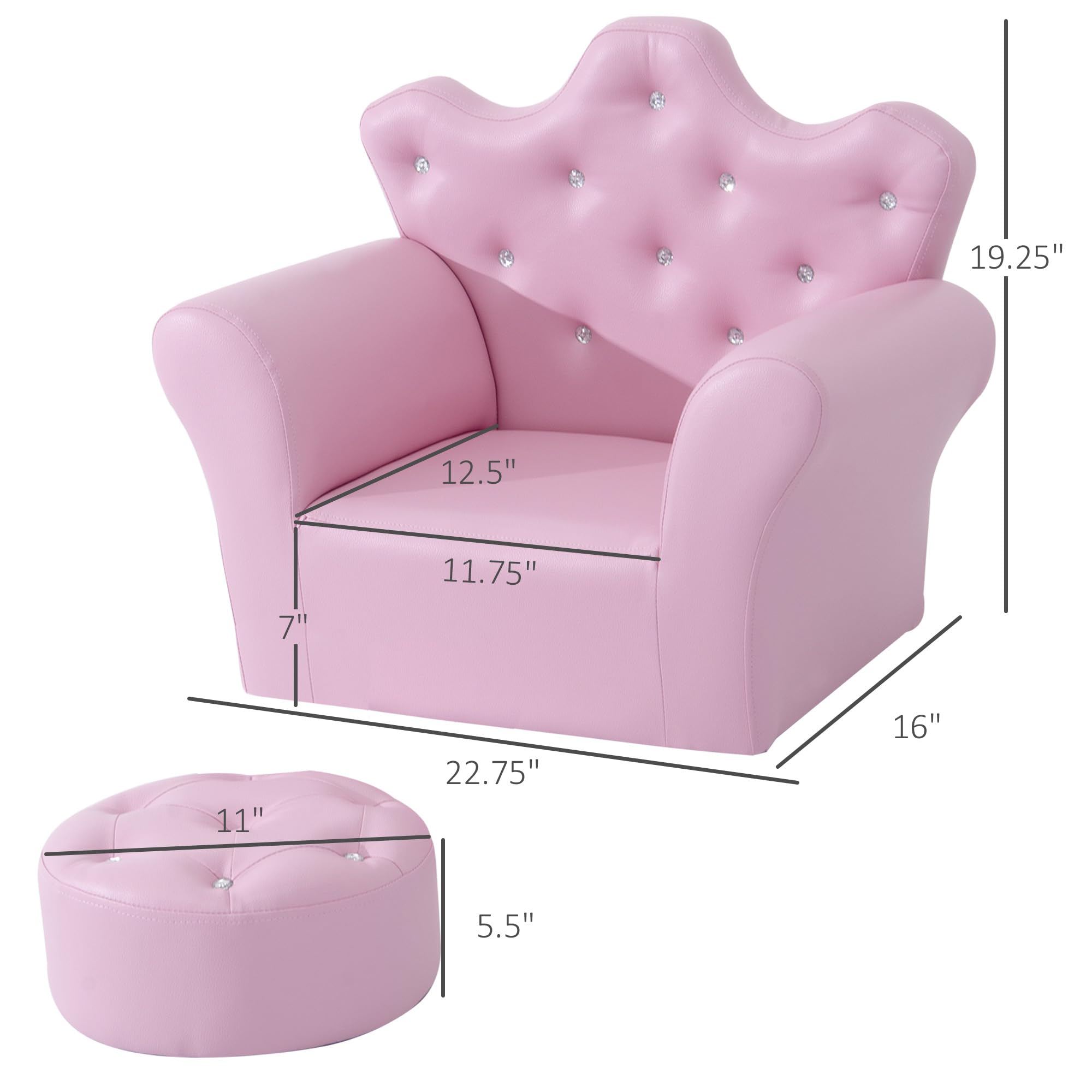 Qaba Kids Sofa Set - Pink Upholstered Princess Sofa with Footstool & Diamond Decorations, Toddler Chair for Girls & Boys, Perfect for Playroom, Bedroom & Nursery Decor