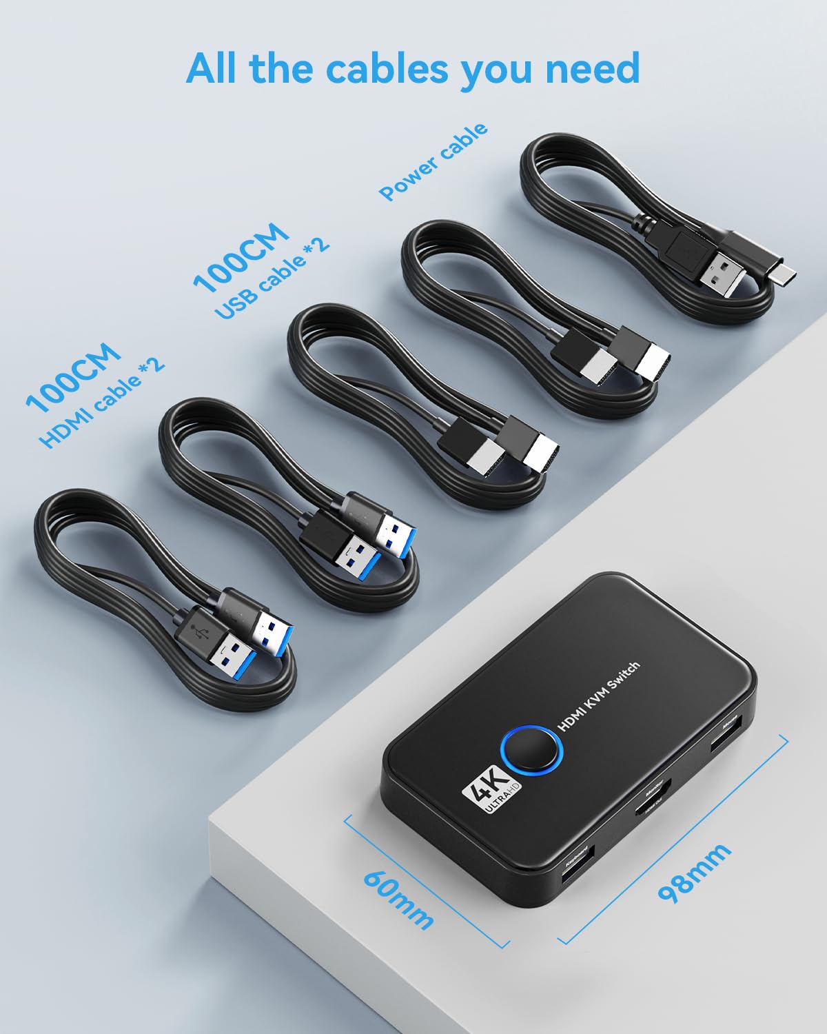 Giimake 2-Port HDMI USB KVM Switch - Share 1 HD Monitor, Keyboard & Mouse Between 2 Computers - 4K@60Hz Support - Includes 2 HDMI Cables, 2 USB Cables & USB Charge Cable - Perfect for Home Office, Gaming & Multi-PC Workstations