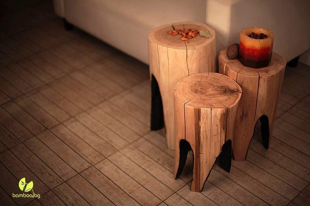 Rustic Ski Lodge Nightstand - Handcrafted Barn Wood Stump Table with Round Top for Bedroom, Cabin & Farmhouse Decor