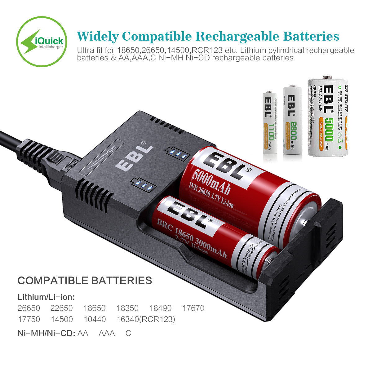 EBL 992 Smart Fast Battery Charger for 3.7V Li-ion/NiMH/NiCd AA AAA C Batteries - Perfect for Cameras, Toys, Flashlights & More