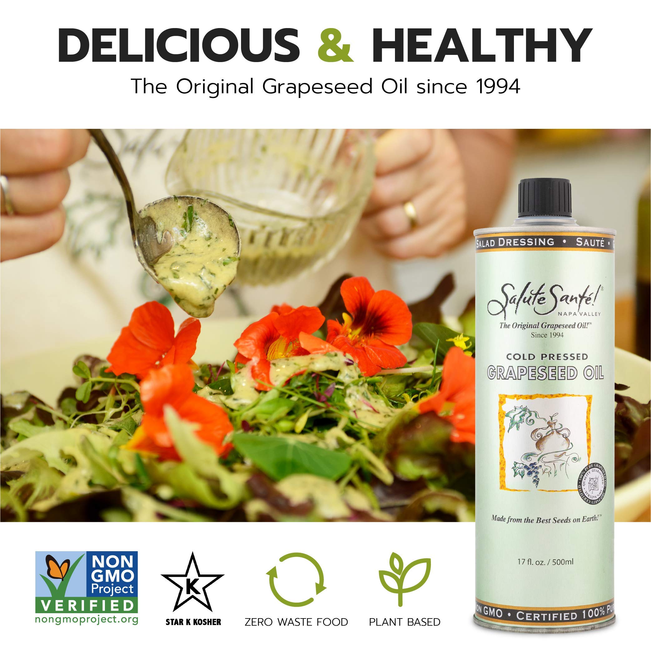 Salute Sante Cold Pressed Grapeseed Oil - 6 Pack (500ml Each) | Non-GMO, Kosher Certified, Vegan Cooking Oil for High Heat & Healthy Recipes | Perfect for Salad Dressings, Marinades, Dips & Baking | Ideal for Mediterranean Dishes, Stir-Fries & Homemade Sauces