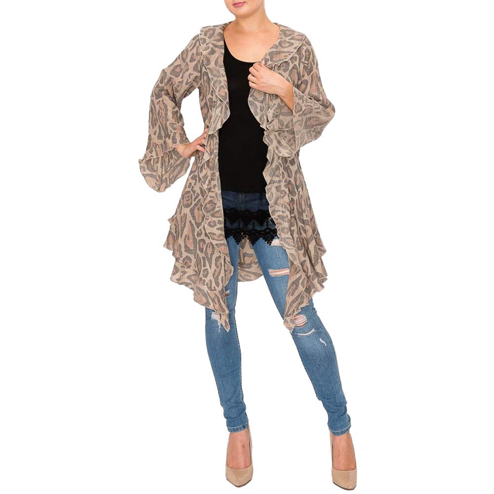 Leopard Print Lightweight Cardigan with Ruffles - Regular & Plus Size Women's Fashion - Perfect for Casual Outfits, Date Nights & Office Wear