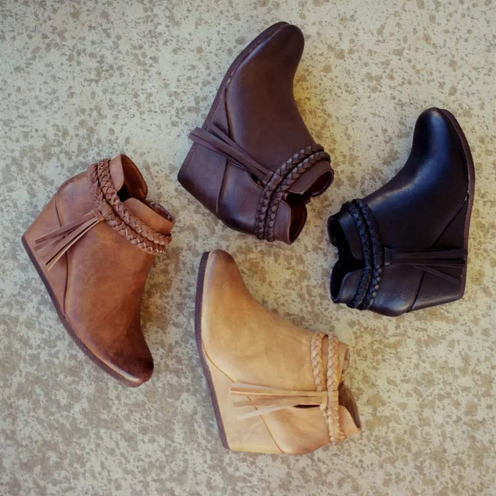 Women's Western Style Wedge Ankle Boots with Braided Fringe Strap - Comfortable Heeled Fall Booties for Casual Outfits & Country Events