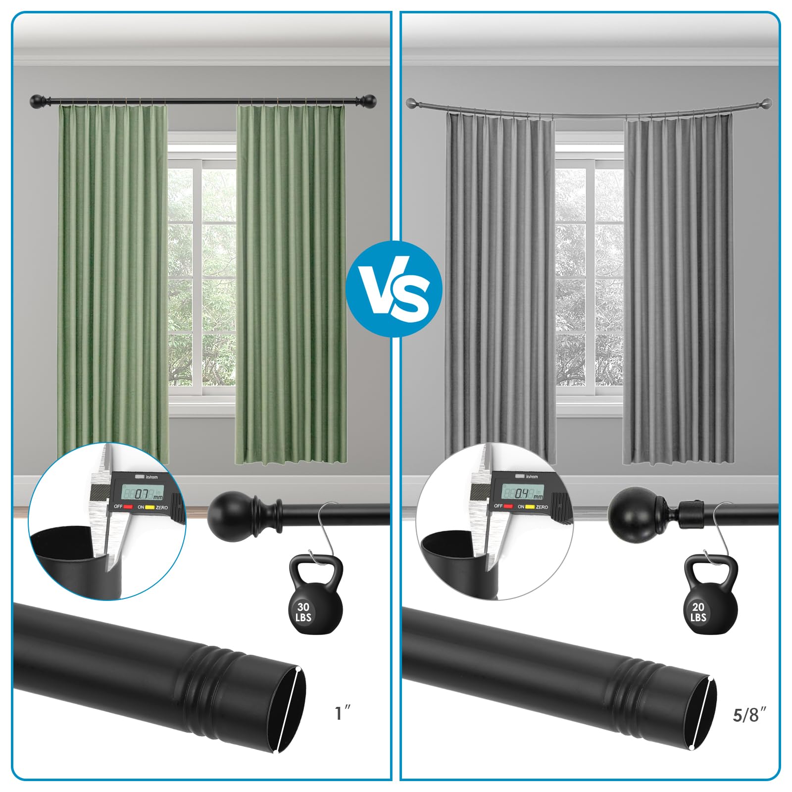 1 Inch Diameter Black Curtain Rod Set 32-72 Inches - Adjustable Window Curtain Rod with Brackets for Bathroom, Kitchen & Bedroom - Standard Decorative Window Treatment for Home Decor