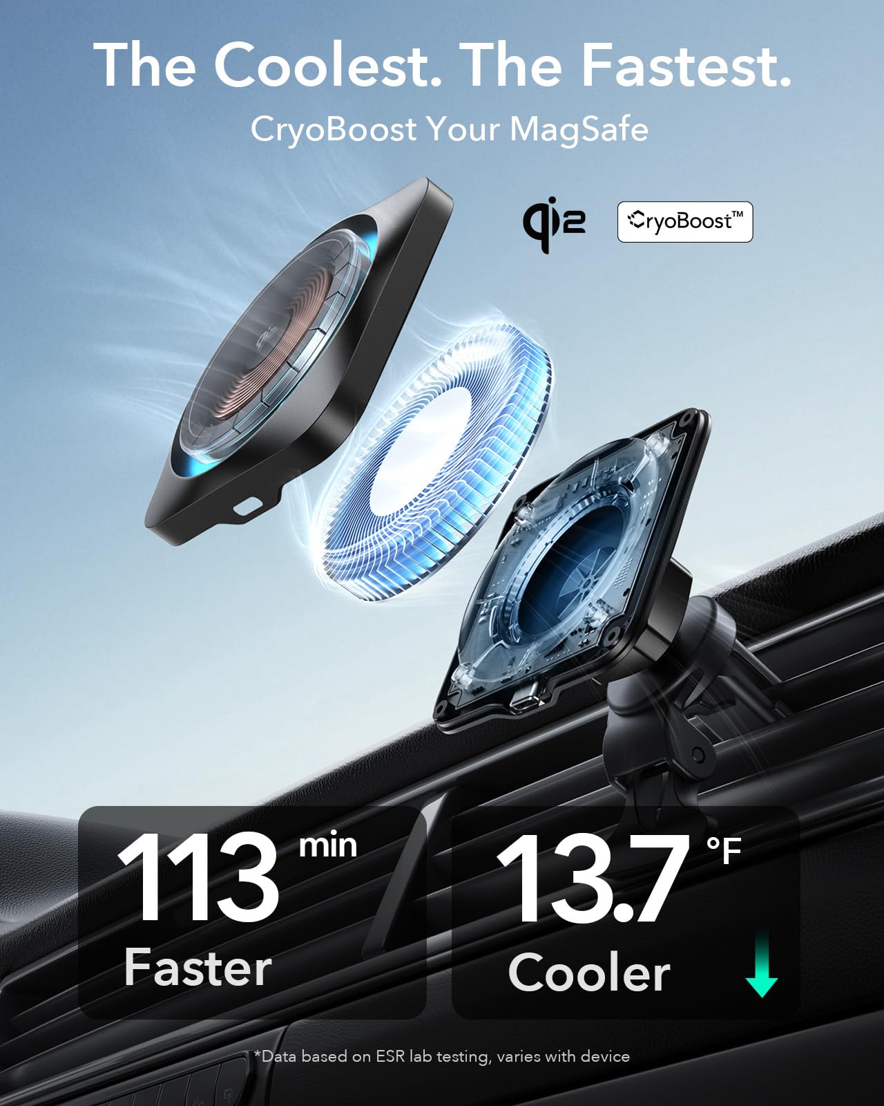 ESR Qi2 15W MagSafe Car Charger with CryoBoost Cooling Technology - Wireless Magnetic Phone Holder for iPhone 15/14/13/12 - Qi2 Certified Air Vent/Dashboard Mount - Perfect for Road Trips & Commuting