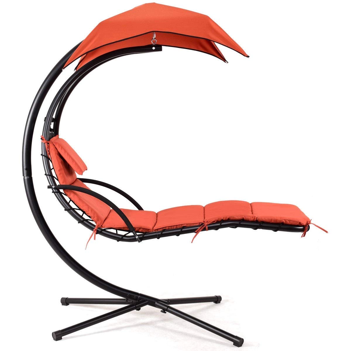 Outdoor Hanging Arc Stand Porch Swing Hammock Chair with Canopy - Durable Garden & Backyard Furniture, Modern Design with Comfortable Polyester Cushion & Umbrella (Orange) - Perfect for Poolside, Seaside, Patio & Relaxation