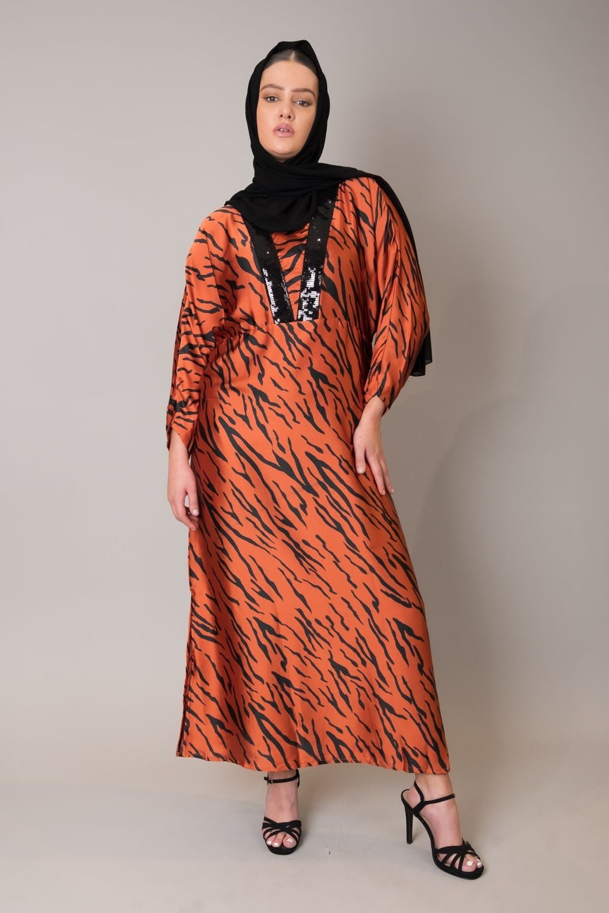 Stylish Burnt Orange Animal Print Kaftan Dress for Women | Boho Chic Beach Cover Up, Lounge Wear & Summer Vacation Outfit