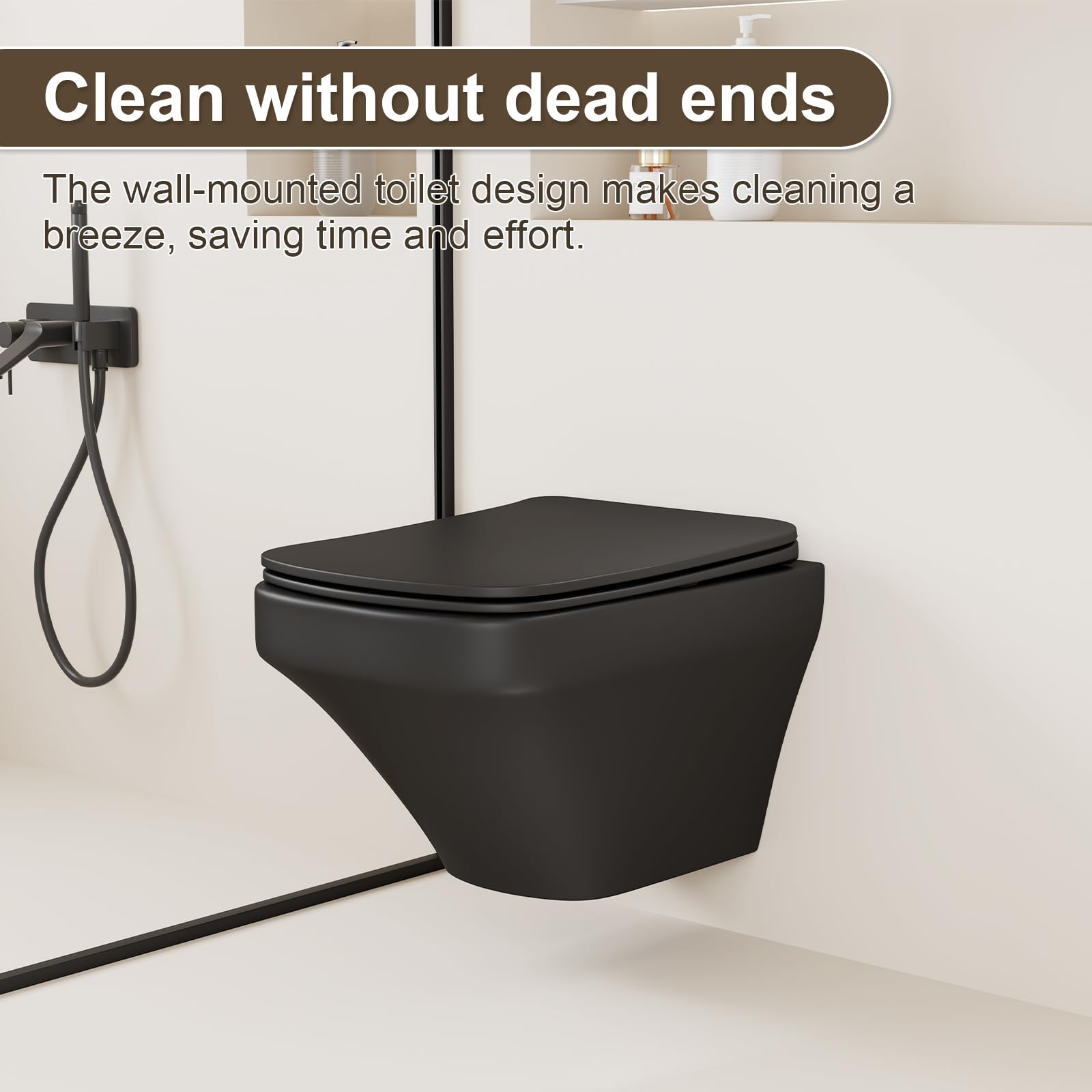 Simple Project One Piece Elongated Square Wall Mount Toilet in Matte Black - Space-Saving Wall Hung Toilet Bowl with Soft-Close Seat for Modern Bathrooms | Perfect for Small Bathrooms, Luxury Homes & Commercial Spaces