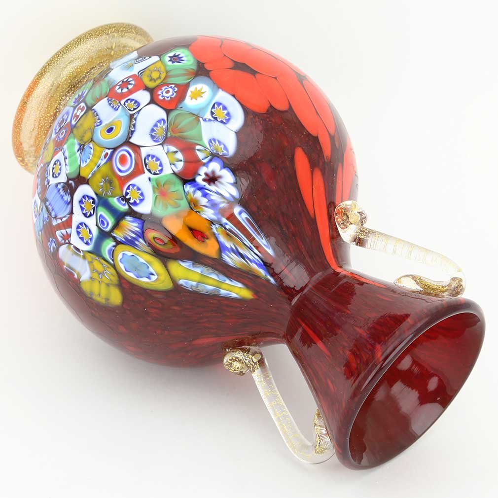 Authentic Murano Glass Millefiori Vase with 24K Gold Handles - Venetian Red - Perfect for Home Decor, Wedding Centerpieces & Luxury Gifts