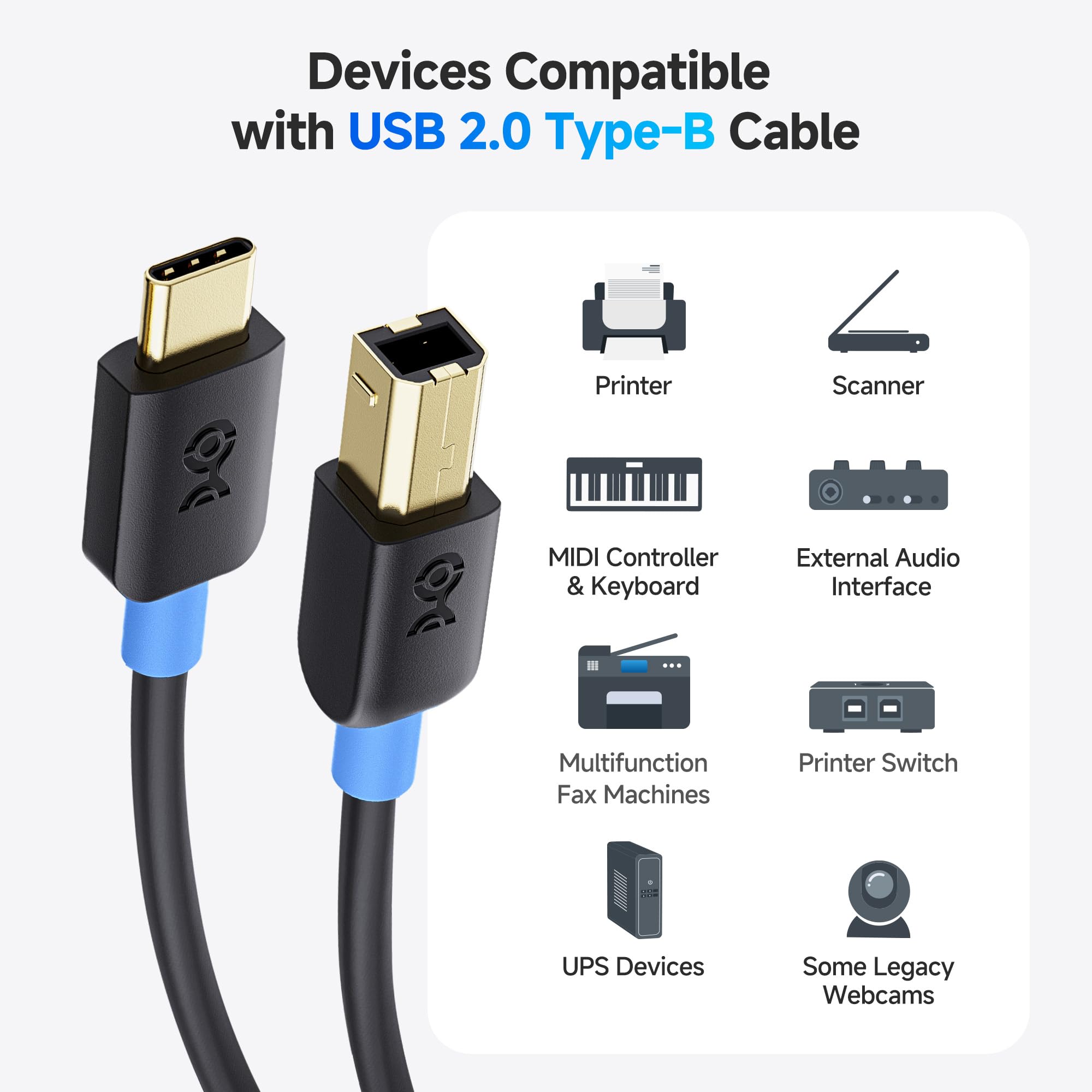 Premium USB C to USB B Printer Cable 3m (USB C to USB B 2.0 Cable) - High-Speed Data Sync for Printers, MIDI Controllers, Keyboards & Audio Interfaces - Durable Black Nylon Braided Cord for Home Office & Studio Use