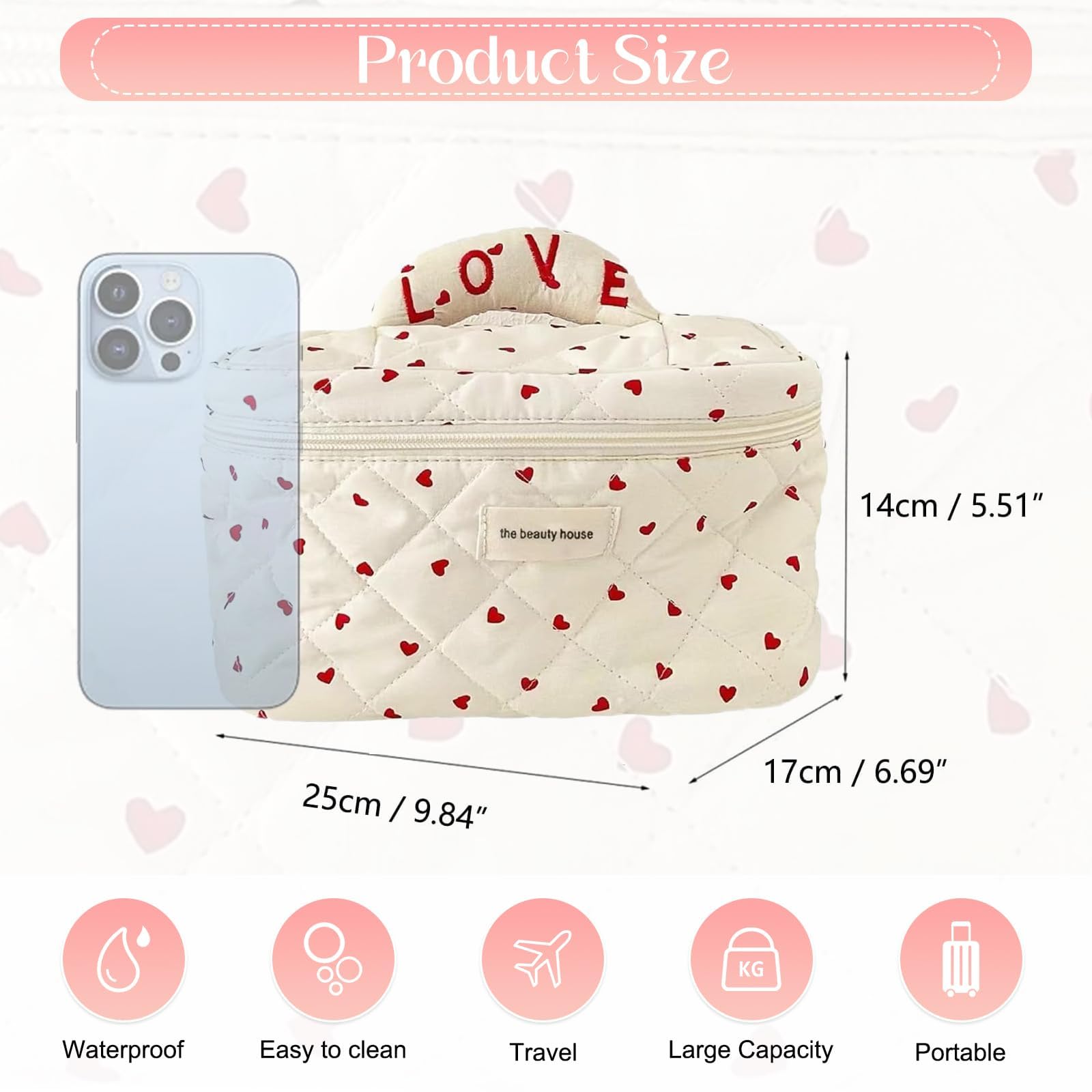 Quilted Makeup Bag for Women - Large Heart Pattern Cosmetic Organizer, Soft Cotton Travel Toiletry Bag with High Capacity (Red) | Perfect for Travel, Gym, and Daily Beauty Essentials Storage