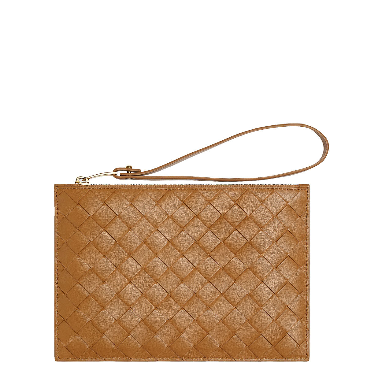 Flat Wristlet Pouch Intrecciato in Caramel - Stylish Leather Wristlet Wallet for Women | Perfect for Everyday Use, Travel & Night Out