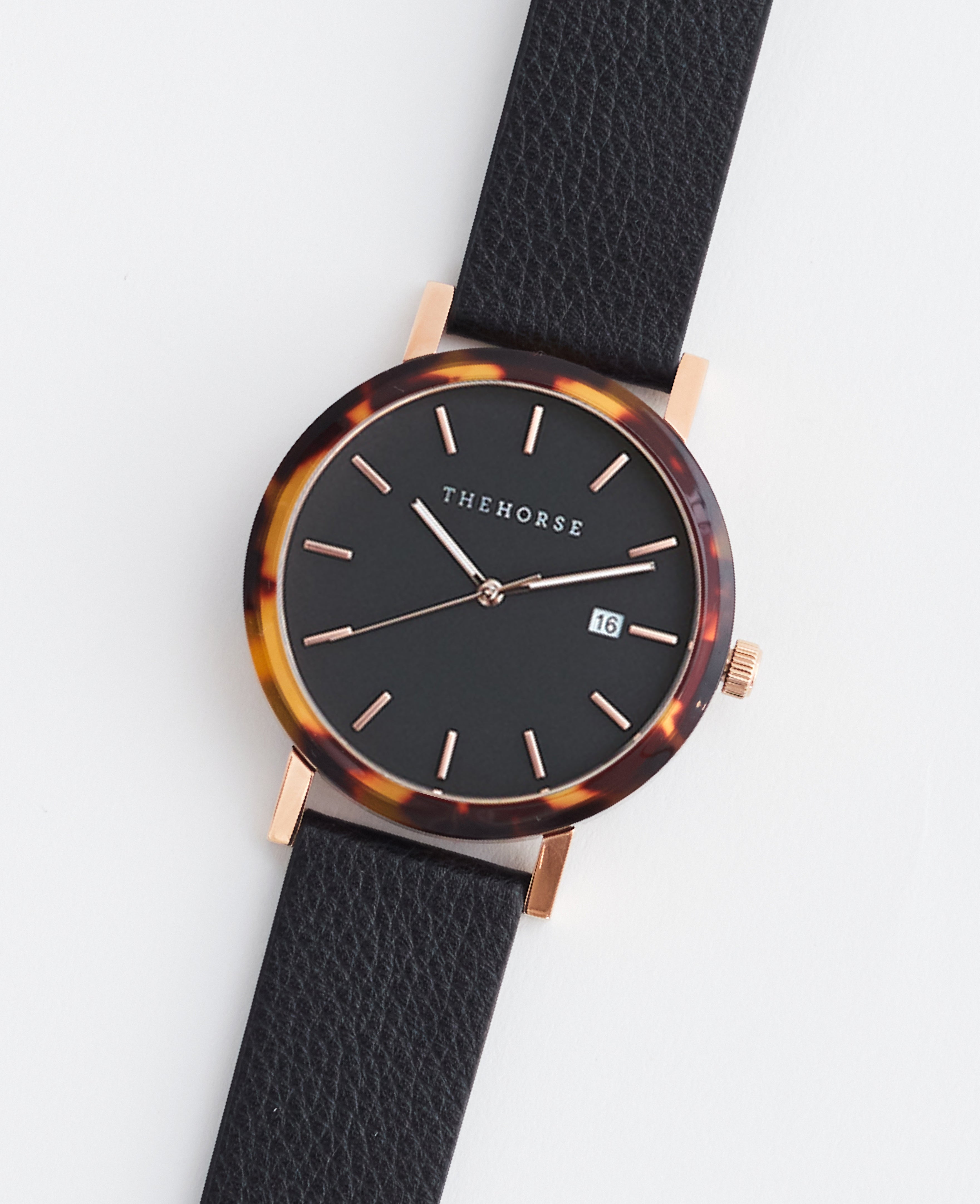 Brown Tortoise Resin Watch with Black Rose Gold Dial & Black Leather Strap - Stylish Unisex Timepiece for Casual Wear, Office & Special Occasions
