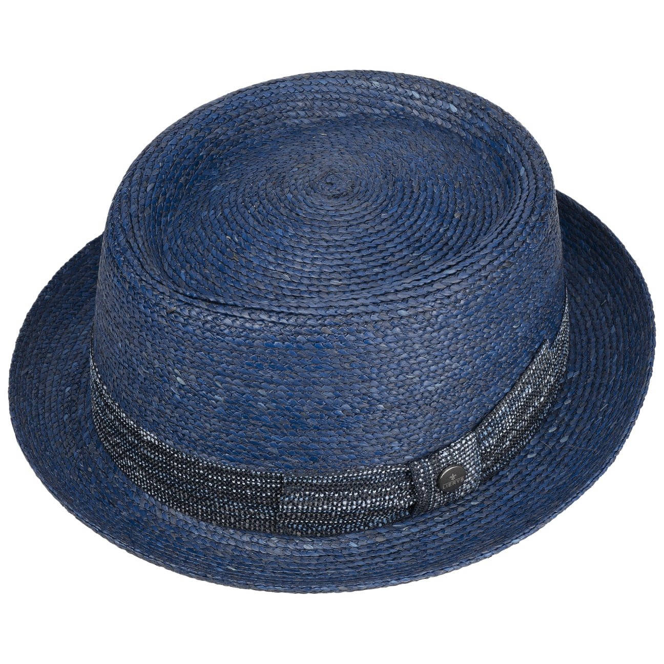 Lierys Blue Raffia Pork Pie Hat - Stylish Summer Sun Hat for Women & Men - Perfect for Beach, Outdoor, and Casual Wear