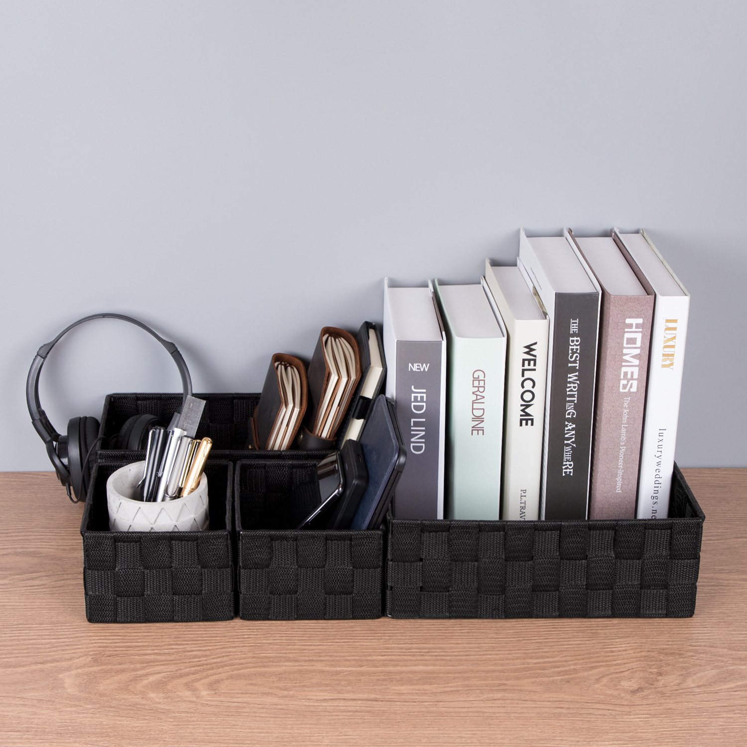 Woven Storage Baskets Set of 4 - Black Organizers for Drawer & Closet