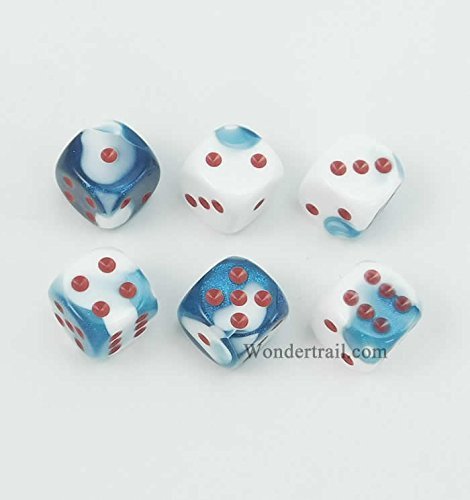 WCX26657E6 Astral Blue & White 16mm D6 Dice with Red Pips - Gemini Set of 6 for Tabletop RPGs, Board Games & Collectors