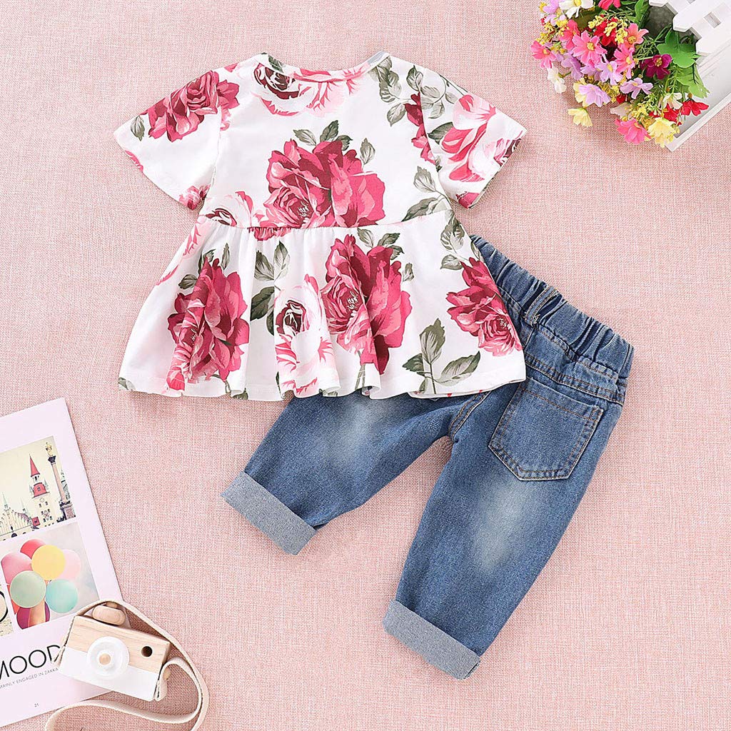 XIMIN Baby Girls Denim Outfit Set - Floral Embroidered Jean Top & Hole Kids Pants Toddler Clothes | Cute Casual Playdate & Photoshoot Outfits for Girls