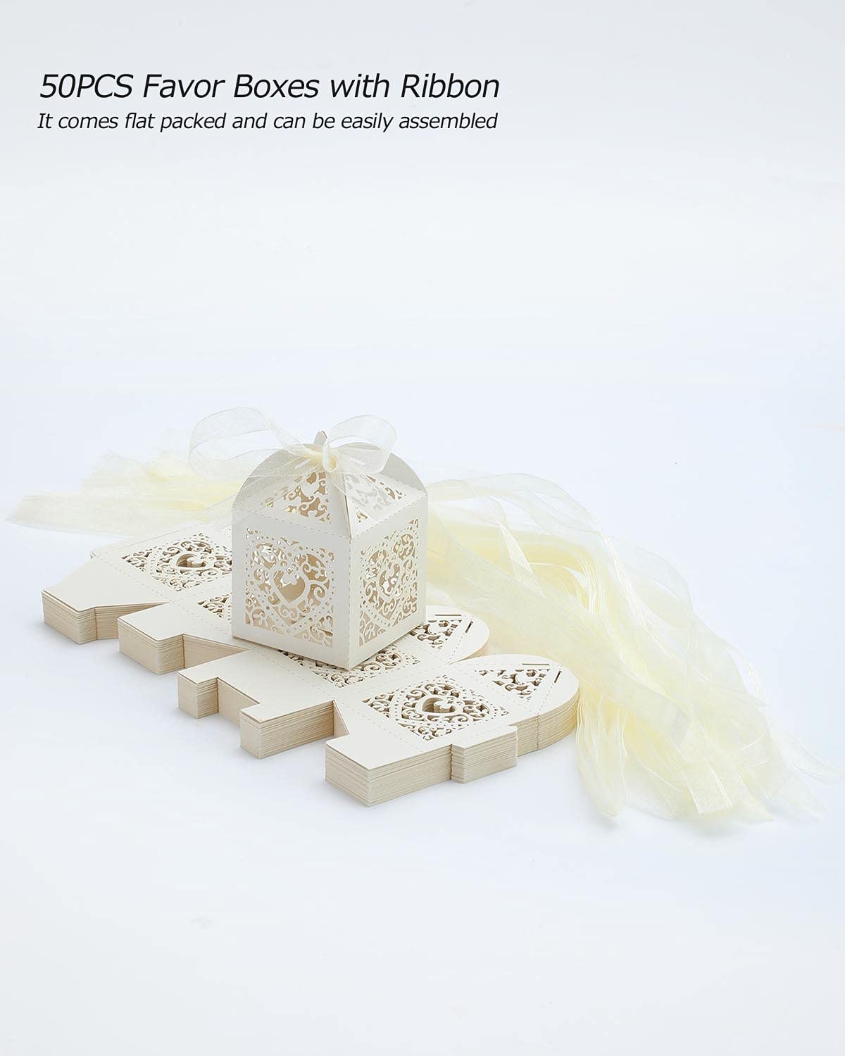 50 Pack Beige Love Heart Hollow Wedding Favor Boxes - 2x2x2 Inch Small Chocolate Candy Gift Boxes with Ribbon for Guests, Birthday Party & Baby Shower Favors | Perfect for Wedding Decorations, Bridal Showers & Special Events