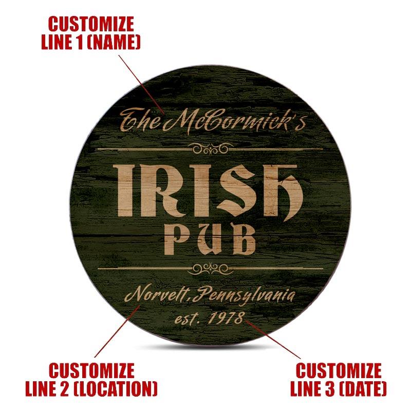 Personalized Irish Themed Wooden Coasters - Set of 4 Round Drink Coasters for Pub, Home Bar, and St. Patrick's Day Decor - Customizable Gift for Beer & Whiskey Lovers