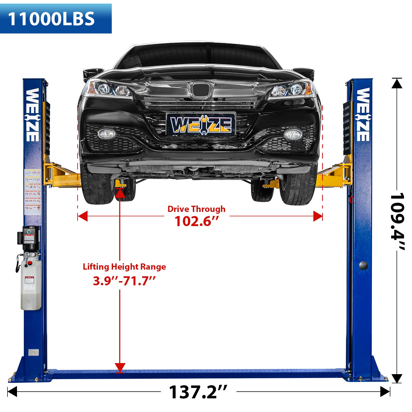 WEIZE 2 Post Car Lift 11000 lbs Capacity - 220V 3HP Heavy Duty Auto Lift with Double Point Lock Release for Auto Repair Shops & Home Garages